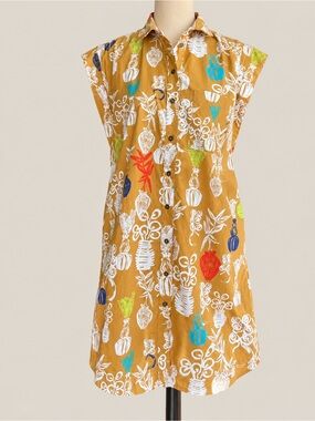 Maeve Anthropologie XS Mustard Vase Print Cotton Shirt Dress